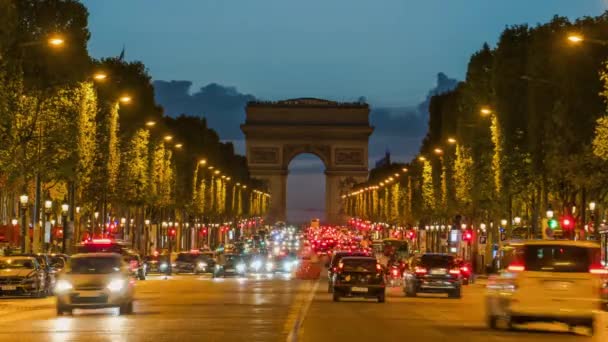Timelapse Beroemde Champs Elysees Arc Triomphe Bij Schemering Parijs Parijs — Stockvideo