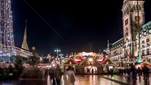 Succesiunea Hiperlapse Pieței Crăciun Din Hamburg Primăria Timp Noapte Înregistrări — Videoclip de stoc