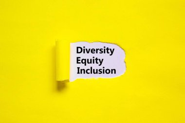 Diversity, equity, inclusion DEI symbol. Words DEI, diversity, equity, inclusion appearing behind torn yellow paper. Pink background. Business, diversity, equity, inclusion concept, copy space clipart