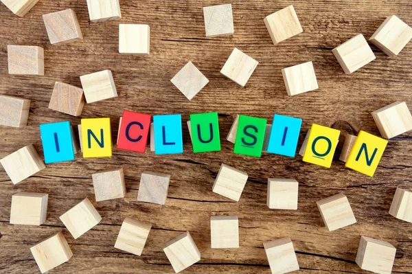 Inclusion with colorful Toy Letters and wooden cubes on dark background