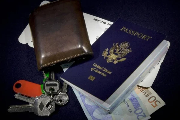 Travel_ wallet, keys, Euros, passport, boarding pass