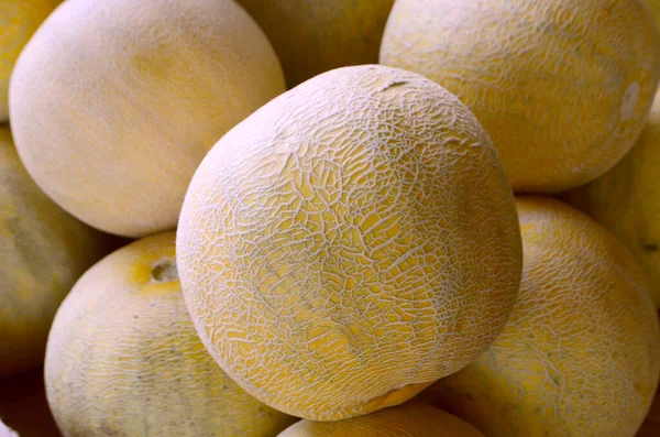 Ripe melons are yellow with curved and irregular striped skin surfaces.