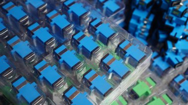 Tek mod fiber optik adaptör montajı şeffaf plastik bir kutuda düzenlendi.