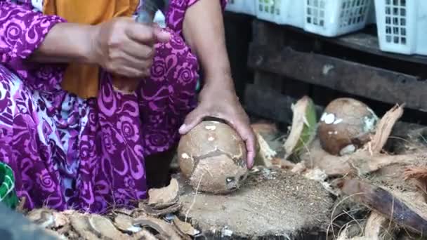 인도네시아 여성에 나이프를 코코넛 껍질을 — 비디오