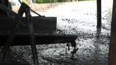 Yapı alanının döküm zeminine dökülen beton döşeme oluğundan dökülüyor.