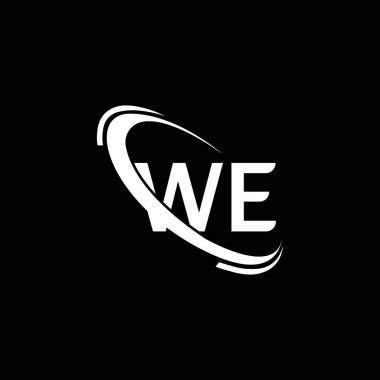 Logomuz var. Biz tasarlarız. Beyaz We harfi logosu. Biz harf logosu tasarlıyoruz. İlk harf Biz bağlı daire büyük harfli monogram logo