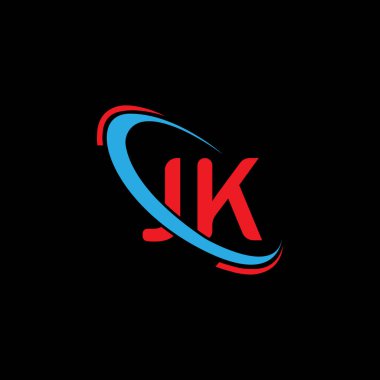JK logosu. Şaka tasarımı. Mavi ve Kırmızı JK harfli logo. JK mektup logosu tasarımı. İlk harf JK bağlı daire büyük harf monogram logosu