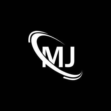 M.J. logosu. M.J. tasarımı. Beyaz MJ harfi logosu. MJ harfli logo tasarımı. İlk harf MJ bağlı daire büyük harf monogram logosu