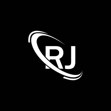 RJ logosu. RJ tasarımı. Beyaz RJ harfi logosu. RJ harf logosu tasarımı. İlk harf RJ bağlı daire büyük harf monogram logosu