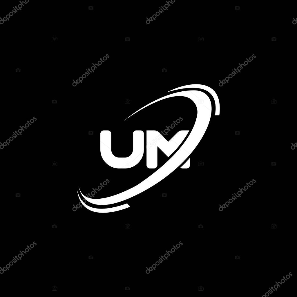 UM logo. UM design. White UM letter Logo. UM letter logo design. Initial letter UM linked circle uppercase monogram logo