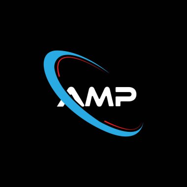 AMP harfi logo tasarımı. Çember ve büyük harfli monogram logosuna bağlı baş harfler AMP logosu. Teknoloji, iş ve emlak markası logosu için AMP tipografisi