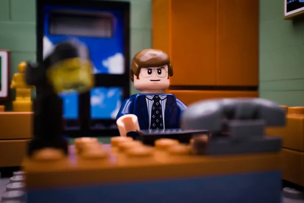 stock image Warsaw, Poland, September 1 2023.Manager in his office with a view.Lego minifigure and all other bricks are made by THE LEGO GROUP.