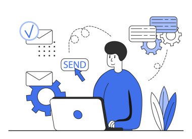 Posta pazarlama konsepti. Dizüstü bilgisayarı olan bir karakter mesaj gönderiyor. İnternette sohbet konsepti. İleti gönder illüstrasyon.