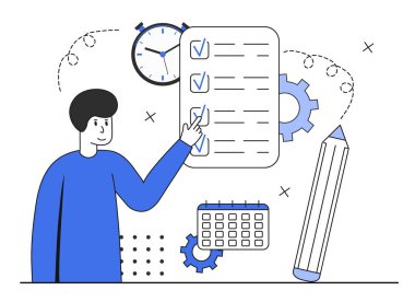 Kontrol listesi. Genç bir adam kontrol listesi dolduruyor. Tamamlanmış çalışma, kontrol listesi, onay kutularıyla yapılacak işler listesi kavramı. Vektör illüstrasyonu.