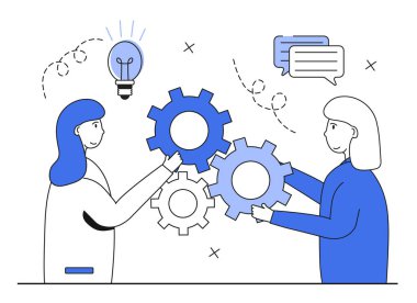 Takım çalışması konsepti. İş adamları ve yeni fikirler. Bir erkek ve bir kadın bir takımda çalışıyor ve süreci tartışıyorlar. Takım çalışmasının, operasyonun, ortaklığın sembolü. Vektör illüstrasyonu.