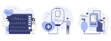 Kalp hastalığı, teşhisler. Doktorlar EKG monitöründeki kardiyogramı ve nabzı analiz eder ve tansiyon ve nabzı bir tonometreyle ölçer. Sağlık ve Tıp Konsepti.
