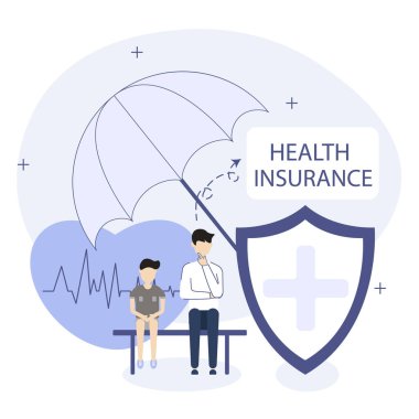 İllüstrasyonun sağlık sigortası. Karakter çocuğunun sağlık sigortasını düşünüyor. Tıp ve sağlık hizmetleri kavramı. Vektör illüstrasyonu.