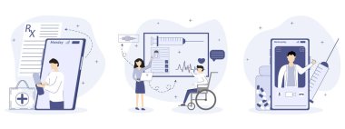 Çevrimiçi tıbbi servis illüstrasyon seti. Doktor hastasına internetten ilaç için RX gönderir, kadın doktor internetteki engelli birine danışır. Sağlık ve tıp konsepti..