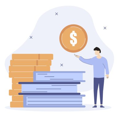 Finans ve eğitim illüstrasyonu. Kişisel finans yönetimi ve finansal okuryazarlık kavramı. Karakter eğitimine yatırım yapıyor. Vektör illüstrasyonu.