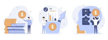 Finans ve eğitim seti çizimleri. Kişisel finans yönetimi ve finansal okur yazarlık kavramı. Karakterler eğitimlerine yatırım yapar ve maliyetlerini analiz ederler. Vektör illüstrasyonu.