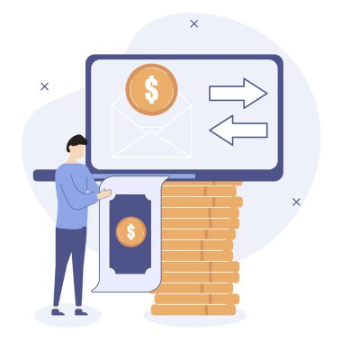 Finansal illüstrasyon. Karakter online bankacılık yoluyla para gönderip alıyor. Karakter dizüstü bilgisayarın yanında duruyor. Para gönderme ve alma kavramı. Vektör illüstrasyonu