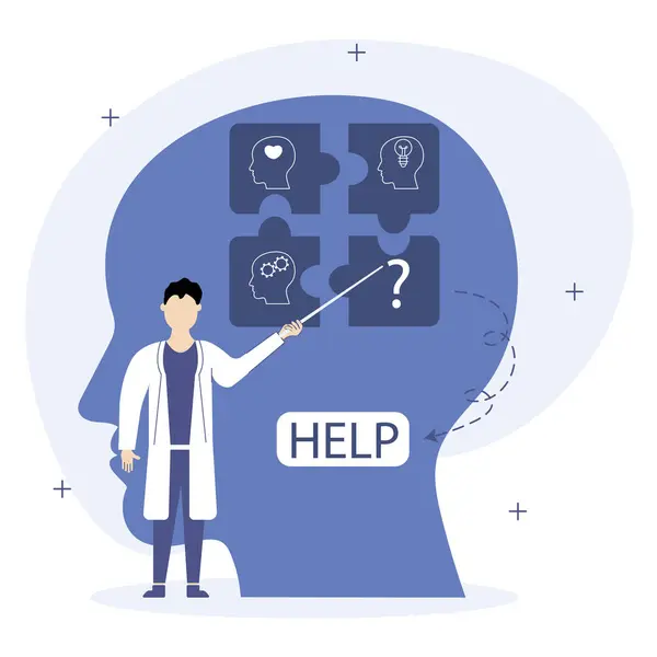 Mental health problems illustration.A psychologist finds mental health problems in his patient and looks for ways to solve them. Mental disorder concept.Vector illustrations.