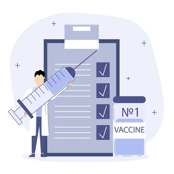 为病人提供医疗服务和疫苗接种 矢量图解 医生的职责是检查是否符合安全接种疫苗的要求 角色拿着注射器 — 图库矢量图片