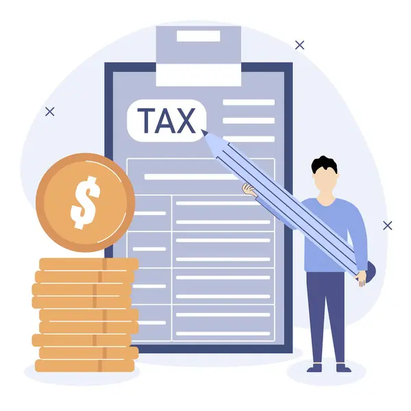 Concept Déclaration Fiscale Personnage Tient Côté Formulaire Impôt Remplit Illustration — Image vectorielle