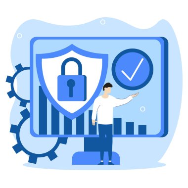 Kişisel güvenlik illüstrasyonu. Karakter kişisel verilerinin güvenliğinden emin. Koruma hizmetlerinin yardımı sayesinde kişisel verilerin korunması. Vektör İllüstrasyonu.