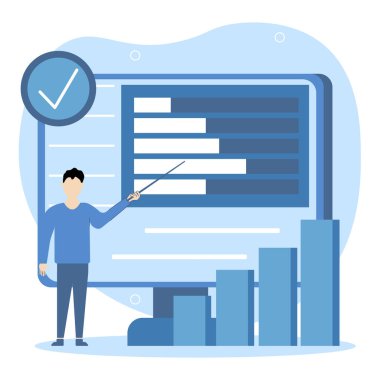 Veri analizi konsepti. Finansal yönetim illüstrasyonu. Karakter analizi şamdan ve pasta grafikleri, çeşitli grafikler. Vektör illüstrasyonu.