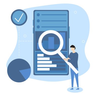 Veri analizi konsepti. Finansal yönetim illüstrasyonu. Karakter analizi şamdan ve pasta grafikleri, çeşitli grafikler. Vektör illüstrasyonu.