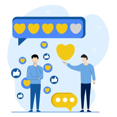 Sosyal ağlarda geri bildirim. Karakter, sosyal ağlarındaki beğeni ve olumlu eleştiri sayısını analiz eder. Sosyal medya geri bildirim kavramı. Vektör illüstrasyonu.