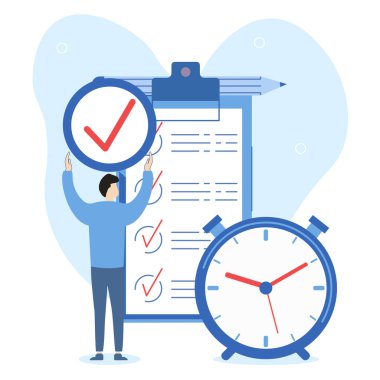 İş zamanı yönetim illüstrasyonu. Karakter, projeye göre görevlerin zamanlamasını kontrol ediyor. Zaman yönetimi ve organizasyon konsepti. Vektör illüstrasyonu.