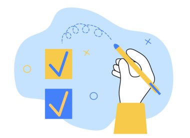 Kontrol Listesi sahnesi. Haracter 'ın elleri, iş hedefi gerçekleştirme, geliştirme, ilerleme veya büyüme için kontrol listesi sahnesini tamamlar. Çizelge planlama çizelgesi