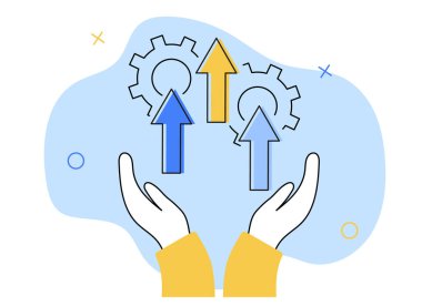 İş Büyüme Sahnesi. Finansal Yönetim İllüstrasyon Konsepti. Haracter 'ın elleri finansal büyüme mekanizmasını tutuyor. Vektör illüstrasyonu.