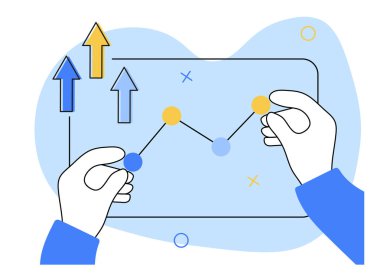 Veri analiz sahnesi. Karakterin elleri bir büyüme grafiği çizer. Finansal yönetim konsepti çizimi. Vektör illüstrasyonu.