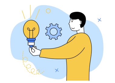 Fikir arama sahnesi. Karakterin yeni bir iş fikri var ve bir iş planı yapıyor. Yeni iş fikirleri kavramı. Vektör illüstrasyonu.