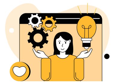 Sosyal medya pazarlama sahnesi. Karakter yeni yaratıcı içerik fikirleri yaratıyor. Marka kampanyası konsepti. Vektör illüstrasyonu.