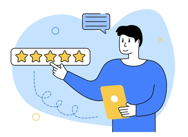 Feedback Scene Character Leaves Star Review Customer Service User Experience — Stock Vector