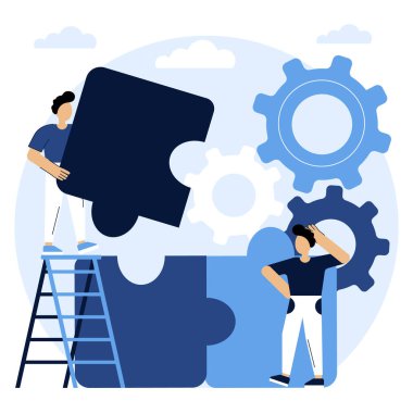 Takım çalışması. İş ekibi çalışması. İnsanlar bulmaca elementlerini birbirine bağlar. İş akışı konsepti..