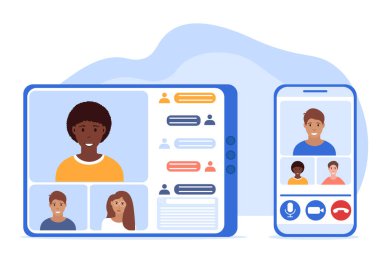 Karakter evde uzaktan çalışıyor ve iş arkadaşlarıyla video görüşmeleri için telefon ve tablet kullanıyor. Çevrimiçi tartışma ve iş konferansı konsepti. Vektör illüstrasyonu.