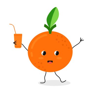 Tatlı çizgi film mandalinasının sıkılmış meyve suyu tadı var. Beyaz arkaplanda izole edilmiş vektör düz illüstrasyon.