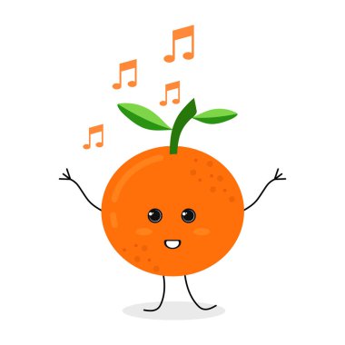 Mandalina çizgi filmi dans ediyor ve müzik dinliyor. Beyaz arkaplanda izole edilmiş vektör düz illüstrasyon.