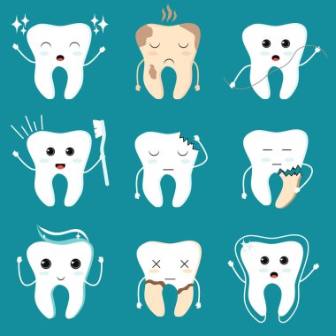 Diş hijyeni, dişler ya da çizgi film karakterleri. Etiket tasarımı için farklı duygulara sahip şirin dişler. Diş maskotu vektör illüstrasyon seti. Tasarımın için dişçi konsepti. Vektör illüstrasyonu.