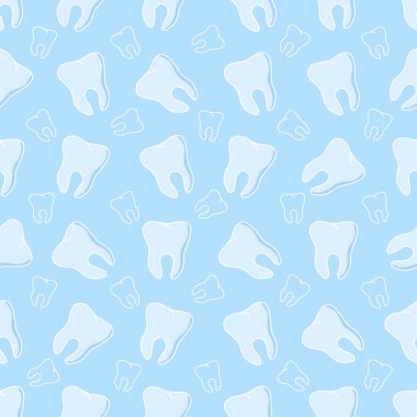 Mavi arka planda güzel dişleri olan kusursuz bir desen. Kumaş tasarımı, tekstil, ambalaj kağıdı, arka plan, kartpostallar. Diş tasarımı için vektör gösterimi.