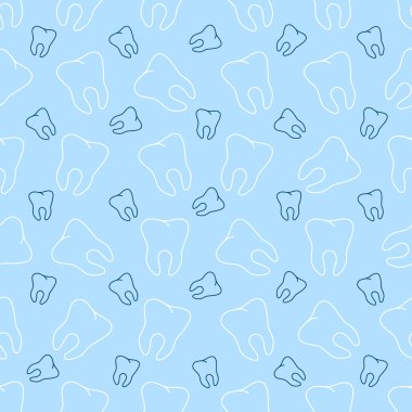 Mavi arka planda güzel dişleri olan kusursuz bir desen. Kumaş tasarımı, tekstil, ambalaj kağıdı, arka plan, kartpostallar. Diş tasarımı için vektör gösterimi.