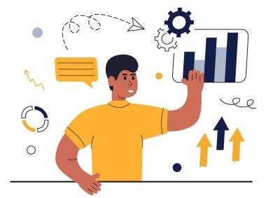 Veri analiz sahnesi. Diyagramı olan modaya uygun bir karakter. Mali yönetim illüstrasyon seti. Kişisel finans yönetimi ve finansal okuryazarlık kavramı. Eyleme geçirilebilir veri kavramı. Vektör illüstrasyonu.