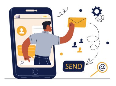 E- posta Pazarlama Sahneleri. Çevrimiçi Posta Kutusunu Kullanan ve Posta Gönderen İnsan Karakterleri. İnternette reklam yapan adam. Vektör illüstrasyonu.