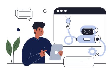 Yapay zeka teknolojisi, akıllı sohbet robotu. Makine öğrenimi. Yapay zeka, sohbet robotunun kendi kendine öğrenmesi, yapay zeka düzenlemeleri. Yapay zeka robot asistanı çevrimiçi. Vektör illüstrasyonu.