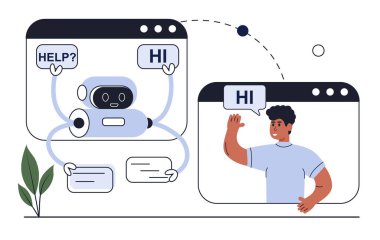 Yapay zeka teknolojisi, akıllı sohbet robotu. Makine öğrenimi. Yapay zeka, sohbet robotunun kendi kendine öğrenmesi, yapay zeka düzenlemeleri. Yapay zeka robot asistanı çevrimiçi. Vektör illüstrasyonu.